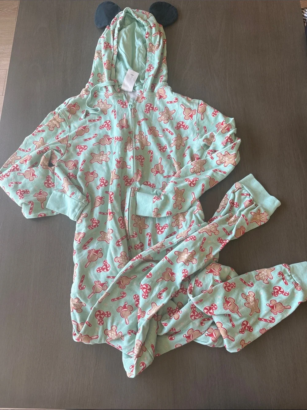 Disney Mint Green Gingerbread Print Hooded Onesie Pajamas with Black Ears - Picture 1 of 2